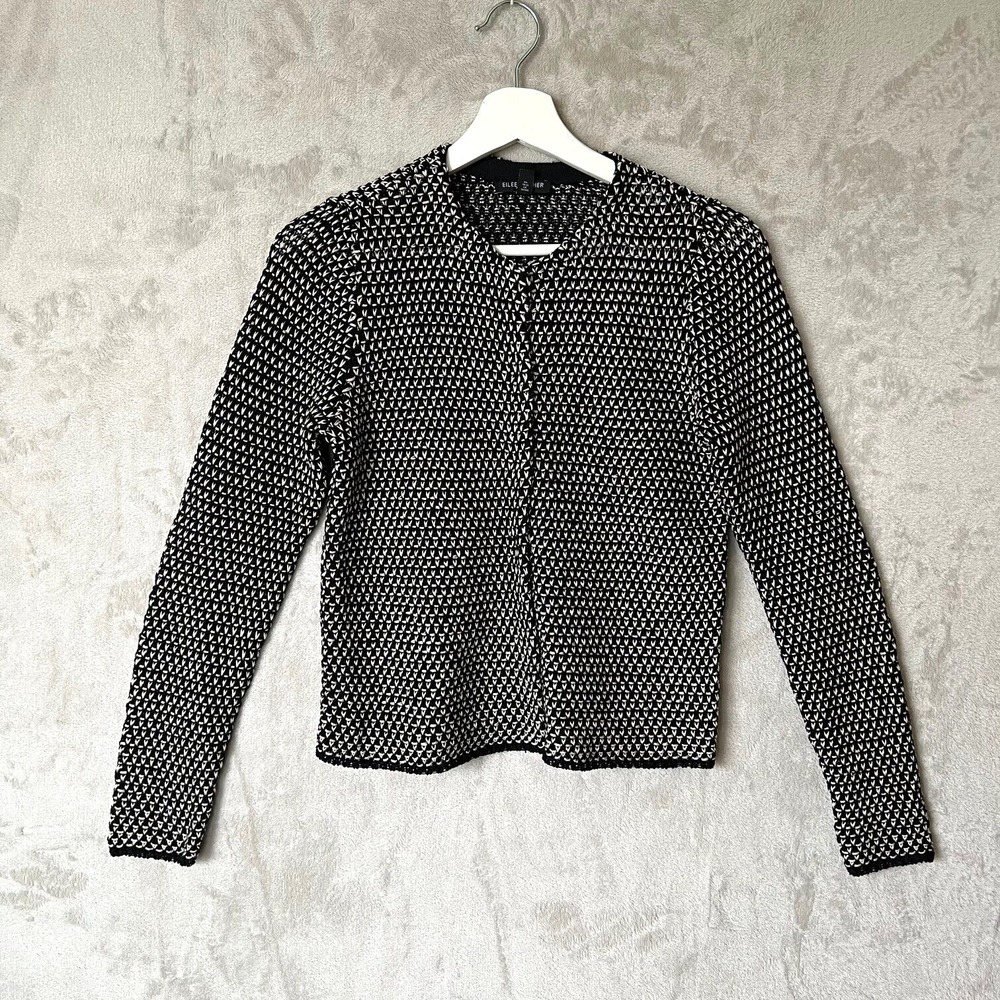 Eileen Fisher Cardigan Knit Organic Linen Blend Hidden Snap Black White Sz PP